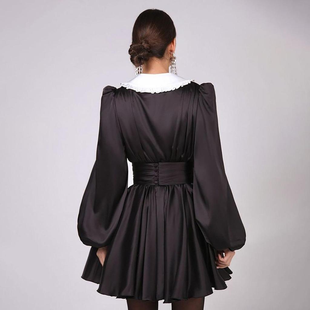 Frauen Langarm Einfarbig Mini-Länge Kleid V-ausschnitt Hohe Taille