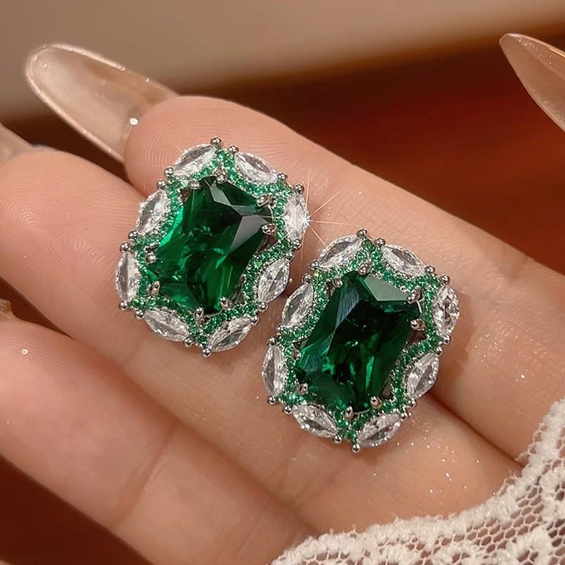 Womens Fashion Jewelry Set With Green Gemstone Zircon Accents Necklace Earrings Ring In Geometric Square Design