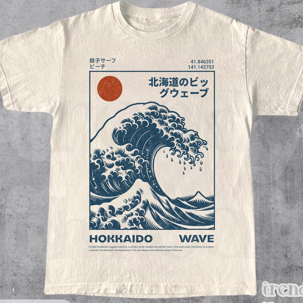 Maglietta Onda di Hokkaido, T-shirt da Surf Giapponese Retrò, Maglietta Grafica Grande Onda Ukiyo-e, Top in Cotone Stile Spiaggia Vintage Giapponese