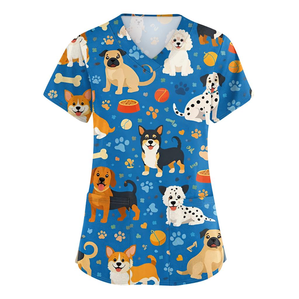 Women's Casual Short-Sleeve Cute Animal Print V-Neck Pocket Workwear Top