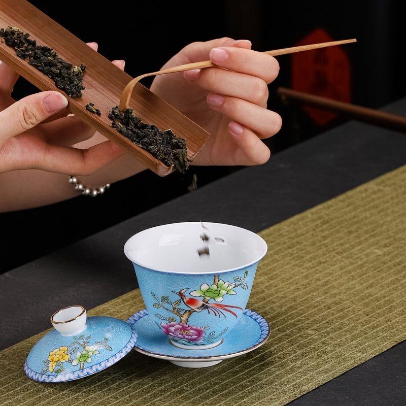 Handmade Sancai Enamel Gaiwan Tea Cup Set with Lid & Saucer, White Porcelain Kung Fu Tea Bowl