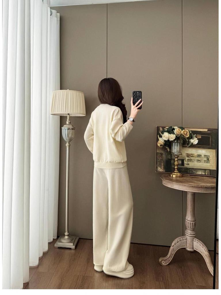 Women's V-Neck Knit Set - Autumn Fashion, Solid Color Two-Piece Trousers and Top