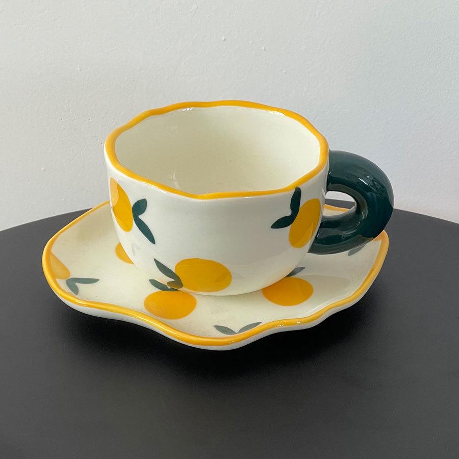 Girl'S Heart Hand-Painted Tulip Orange Bear Flower White Cloud Coffee Cup And Saucer Underglaze Irregular Ceramic Cup And Saucer
