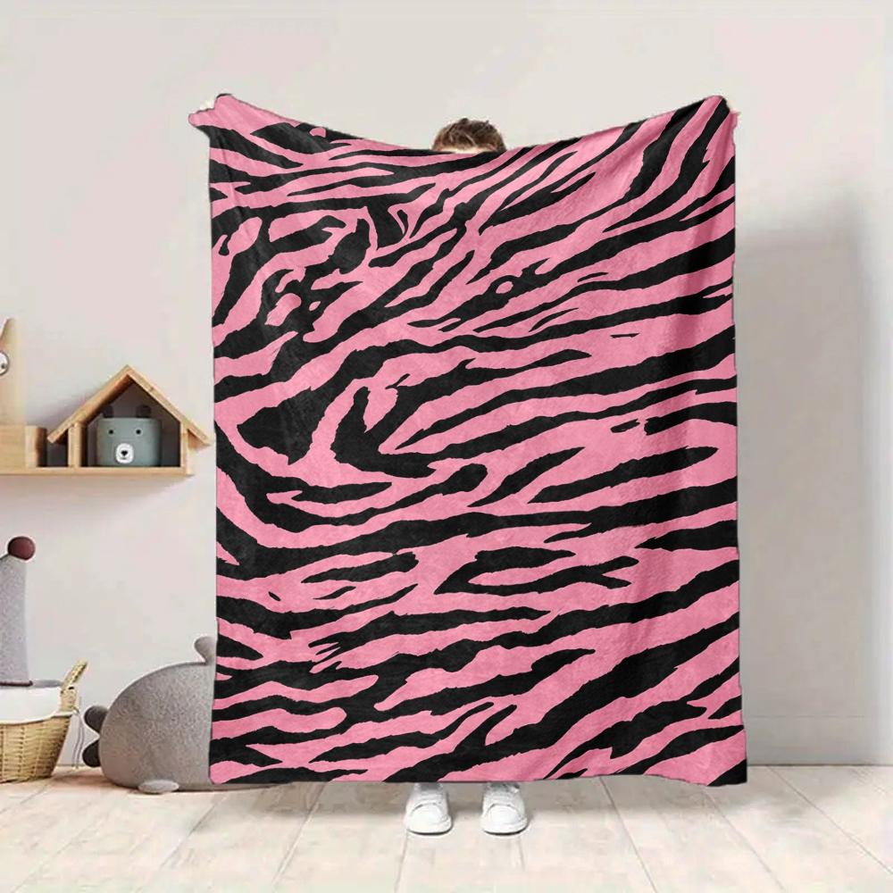 1Pc Pink Tiger Stripes Blanket Soft And Comfortable Casual Warm Camping Travel Christmas Halloween Xmas Gift M924189