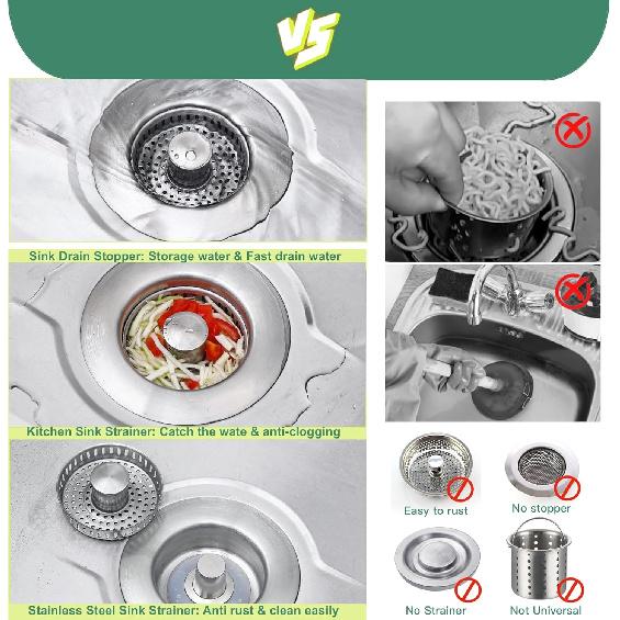 Kitchen Sink Drain Strainer 3 in 1, 304 Stainless Steel Pop Up Sink Stopper, Anti-Clogging Sink Stopper Kitchen Drain, Kitchen Drain Catcher, Kitchen