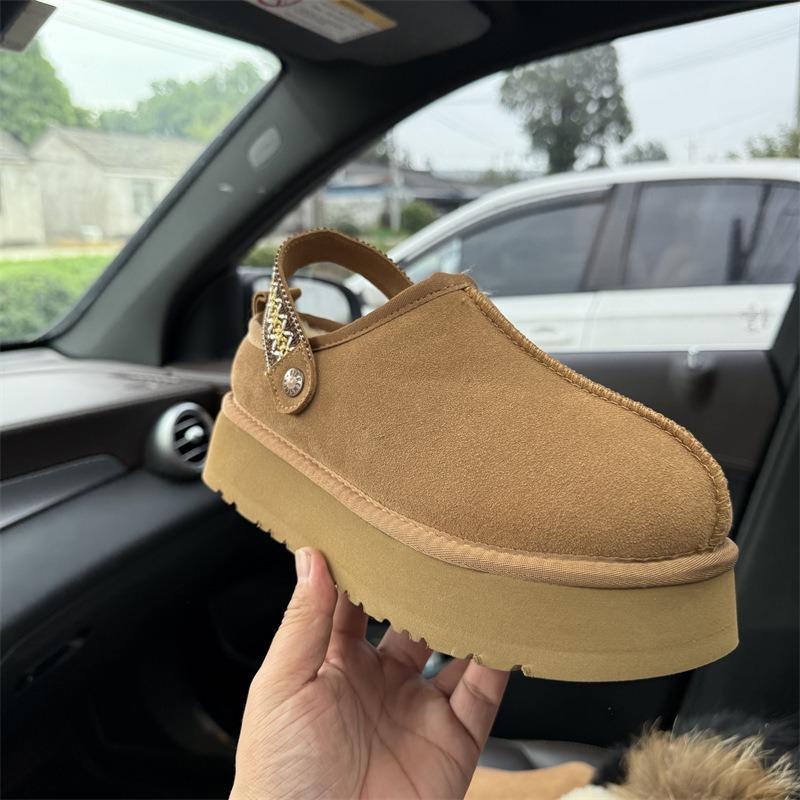 New woven bag head platform slippers women's genuine leather velvet thermal outdoor cotton boots with snow boots at the heel