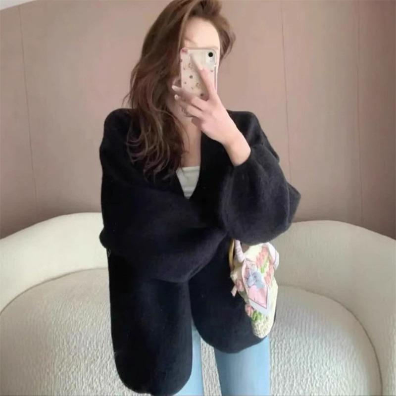 

Женский вязаный кардиган с рукавами-фонариками, новый осенне-зимний, в стиле ленивого ветра, свободный, повседневный чёрный