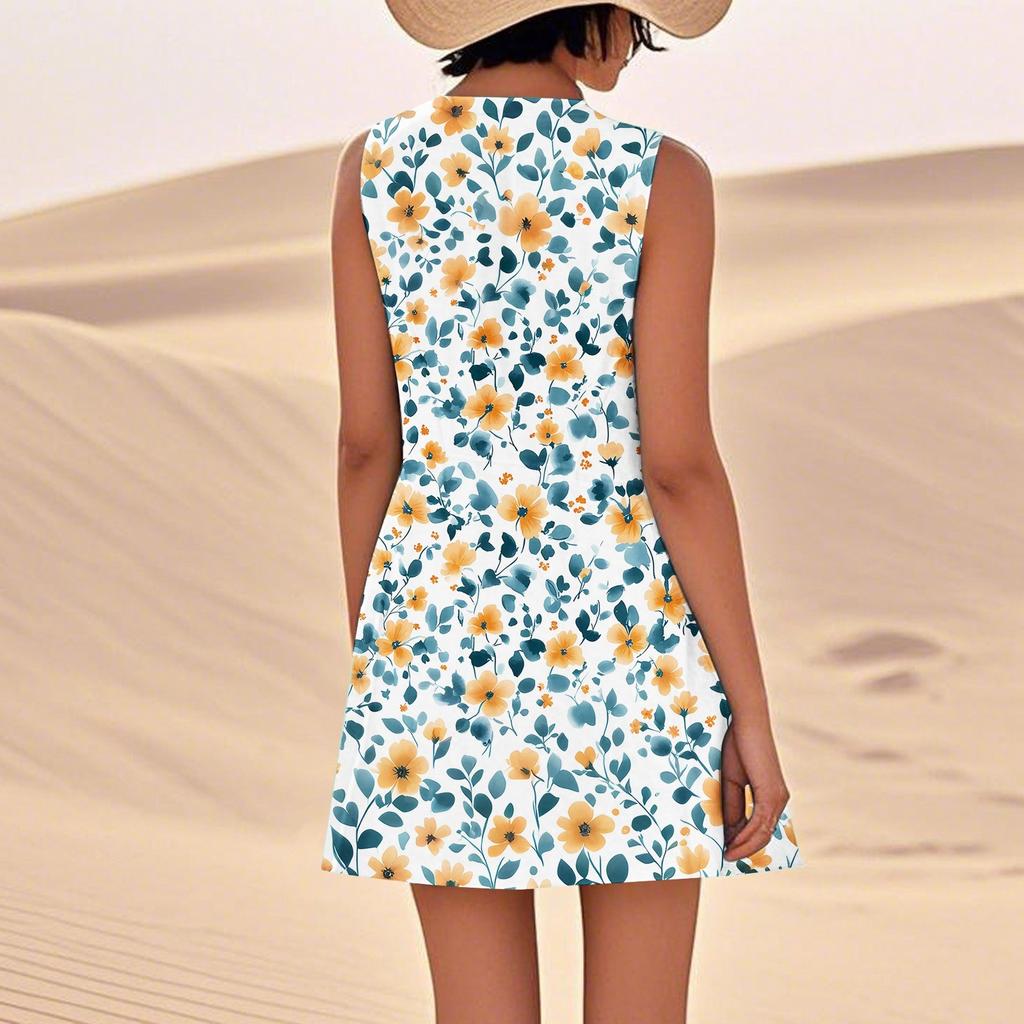Print Dresses For Women Loose Beach Vacation Casual Sleeveless Sundresses With Pockets Tank Dress