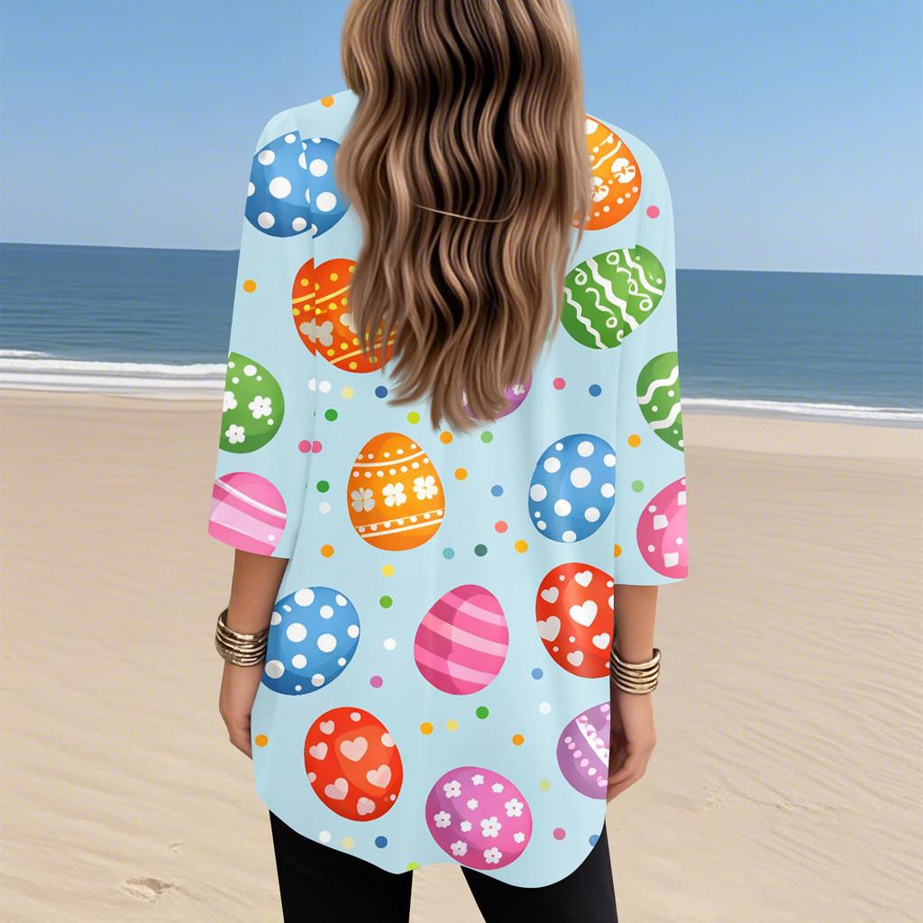 Womens Tops V-neck 3/4 Sleeve Blouses Casual Mid-length Shirts Fashion Print Tunic Tops With Pockets