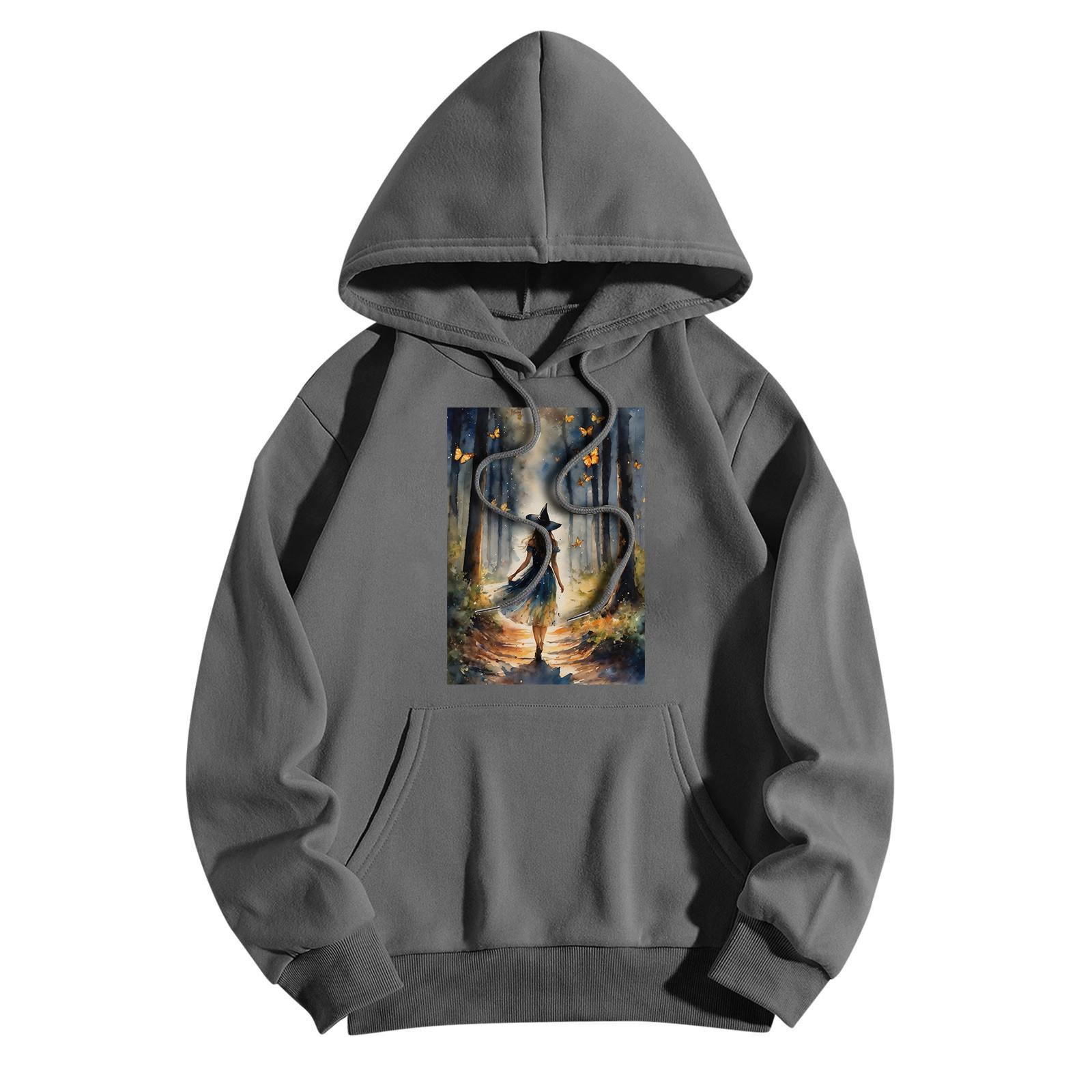 

Жіноча модна повсякденна толстовка з капюшоном і кишенями з принтом Хеллоуїн і відьма, з довгими рукавами S