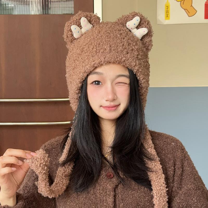 Korean cute bow plush circle bear hat women's thickened warm knitted headgear ear cap
