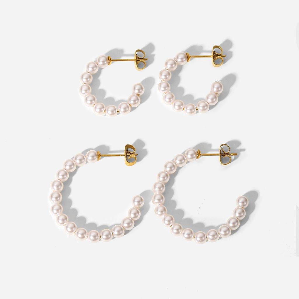 Elegant 18K Gold Pearl C-Shaped Stainless Steel Stud Earrings for Women - French INS Style