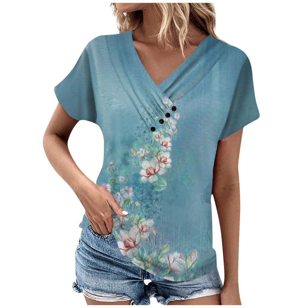 Women's Fashion Casual V-Neck Short Sleeve T-Shirt Pleated Printed Button-Up