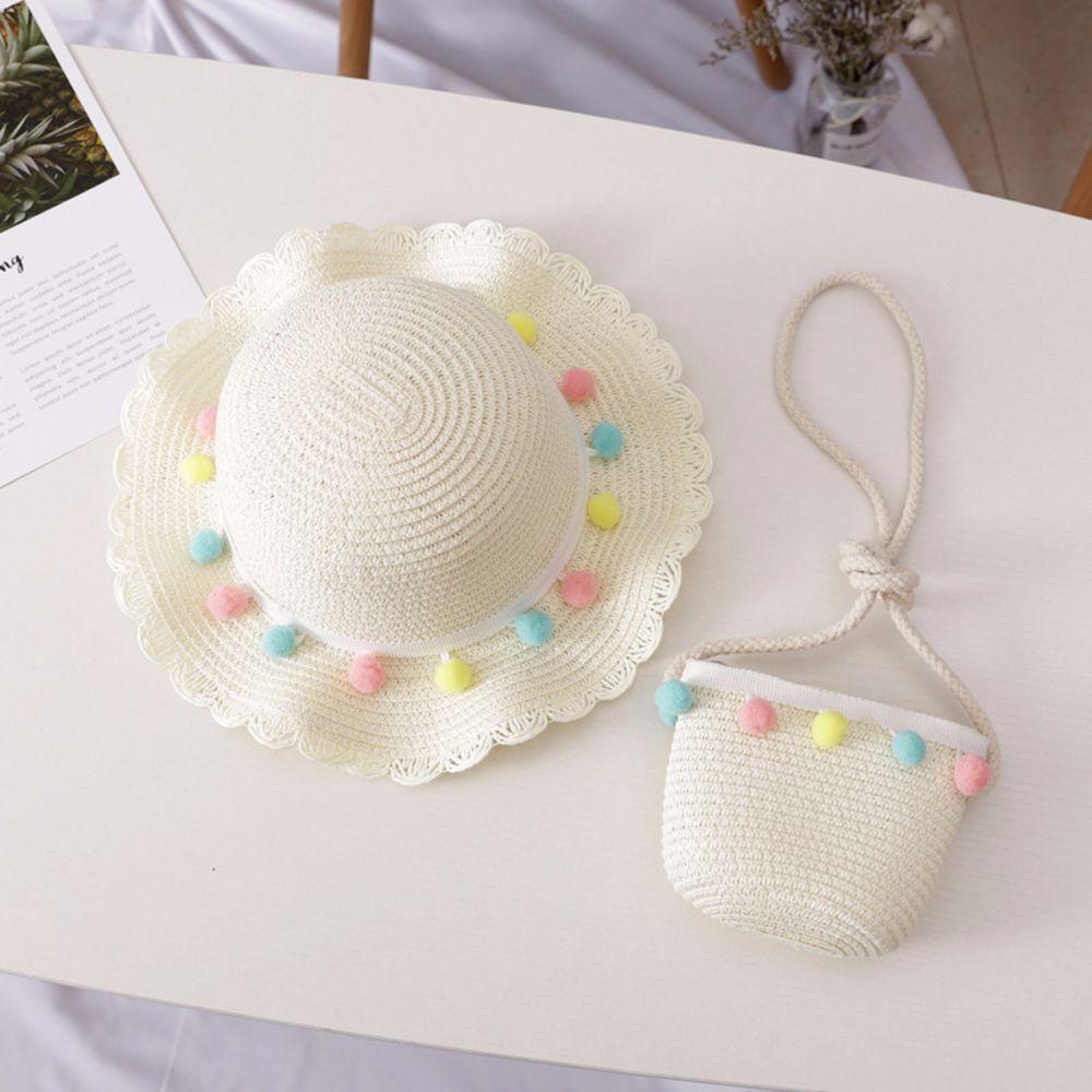 Kids Girls Pompom Ball Colorful Summer Hat Sun Protection Straw Woven Beach Hat Handbag Bucket Cap