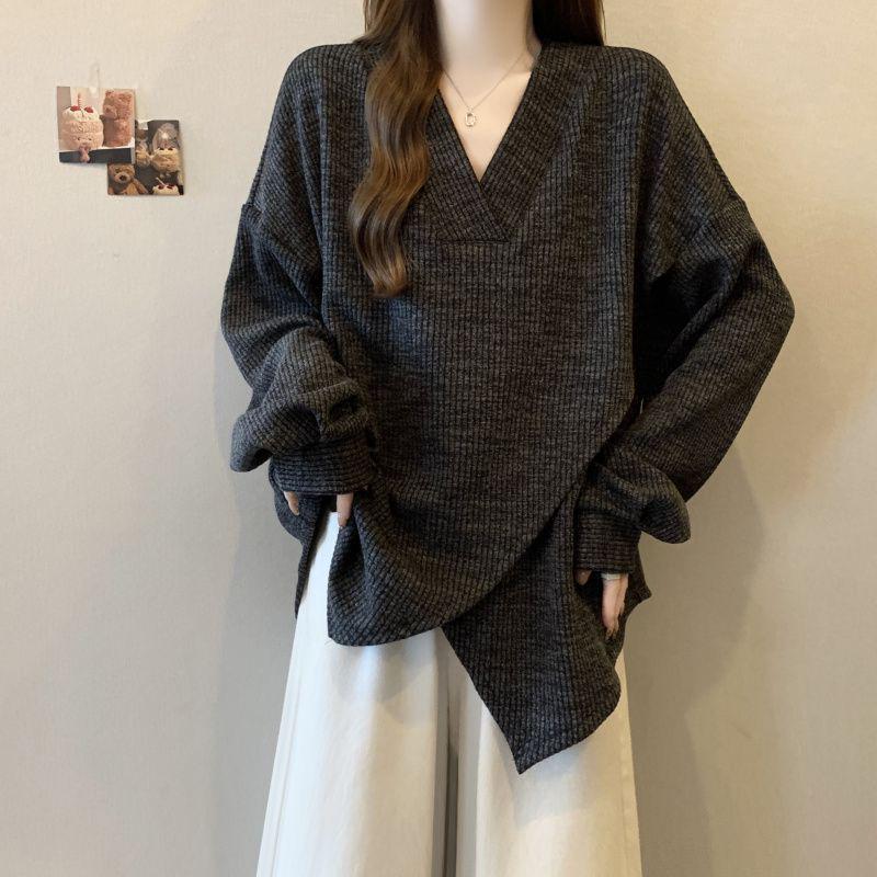

Plus Size Ribbed Cross Design Long Sleeve Top - Textured Loose Slimming Base Layer for Spring/Autumn 2025 S чорний колір сірий