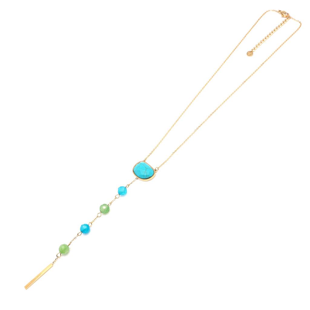 Les Trésors De Lily [Q0957] - Designer Steel Necklace 'Boho' Turquoise Green Gold - 10. 3x1. 6cm
