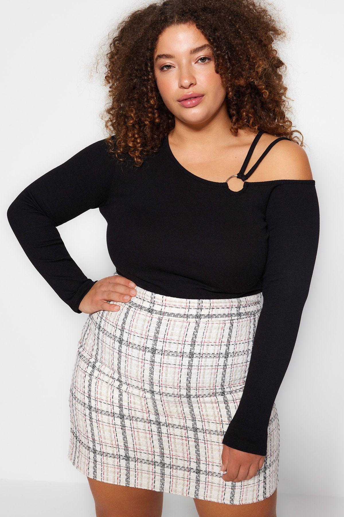 

Women s Style Plus Size Black Asymmetrical Collar Ribbed Knitted Blouse 2XL