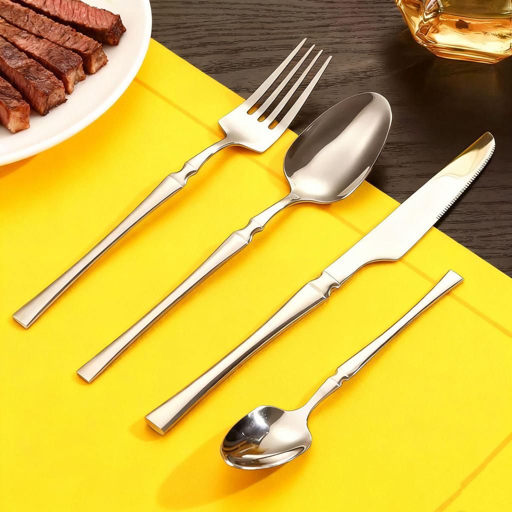 Gold 24-Piece Stainless Steel Cutlery Set: Elegant Steak Knife, Fork, and Spoon for Western Cuisine.