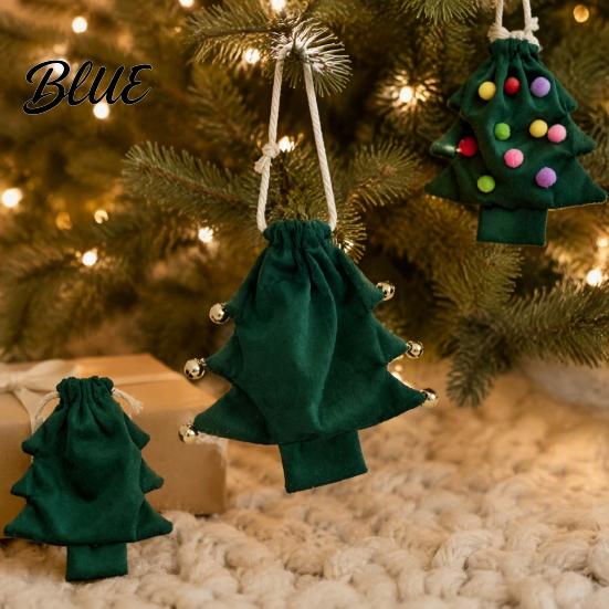 Decorative Party Favor Bags Christmas Tree Shaped Gift Bag Reusable Drawstring Treat Goody with Pompoms Red Green White Xmas Decor Bells Winter