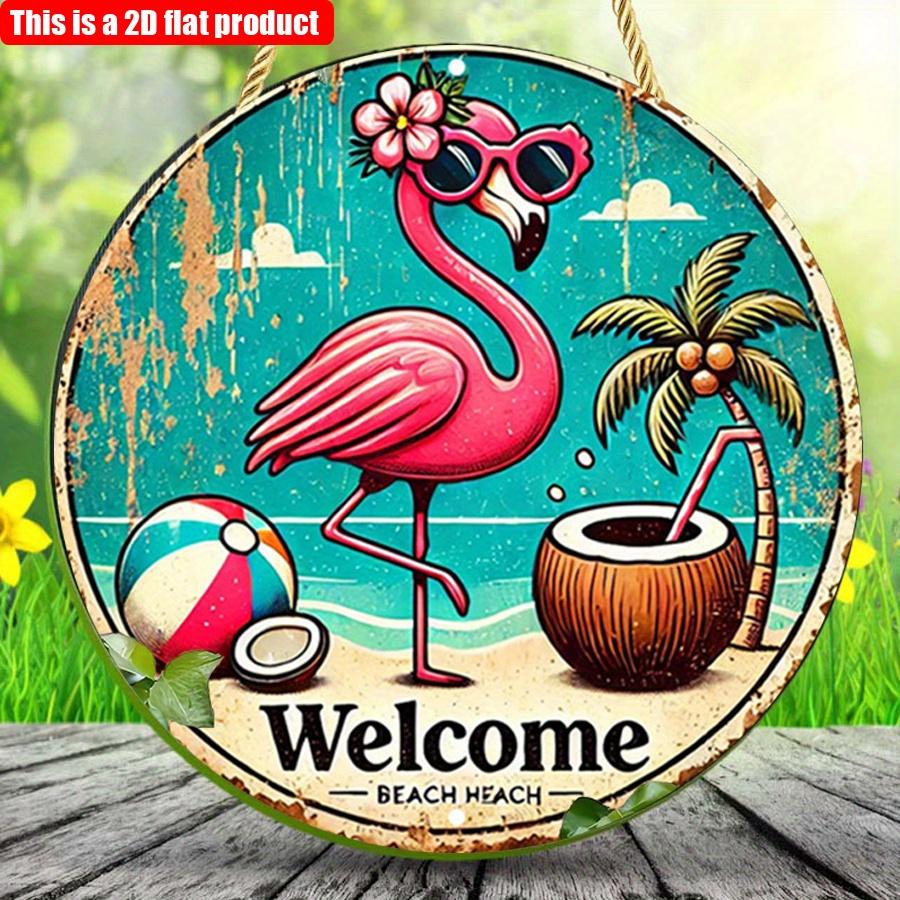 2D flat 20*20cm 1pc Welcome Beautiful Pink Flamingo&Coconut pattern Round Wooden Hanging Sign, tropical Beach style Welcome Art plaque, Suitable