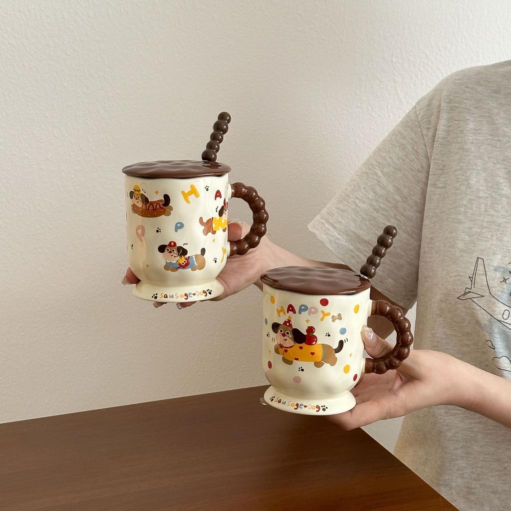 Cute Dachshund Dog Goblet Household Drinking Water Mug with Lid Spoon Office Ceramic Breakfast Coffee Milk Cup