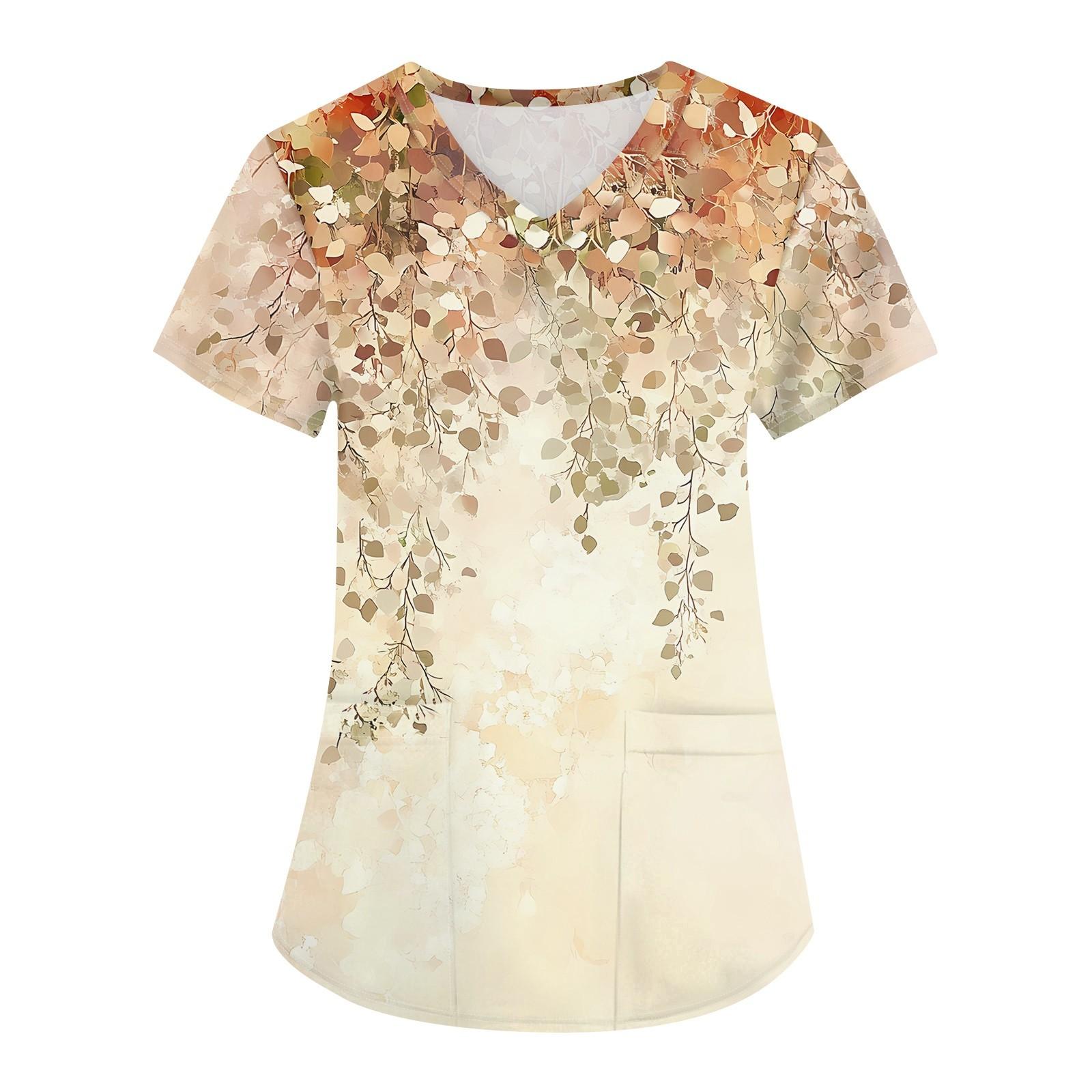 

Женская мода с v-образным вырезом, короткими рукавами и карманами, топы с принтом L