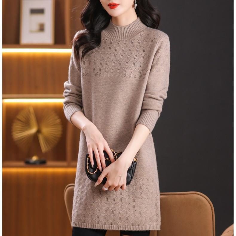 Women's Knitted Dress Autumn and Winter Pure Color Half Turtleneck Knitwear Casual Long-sleeved Mid-length Pullover
