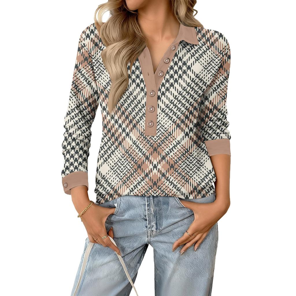 Women's Retro Street Lazy V,neck Long Sleeve Button Plaid Print Pullover Top
