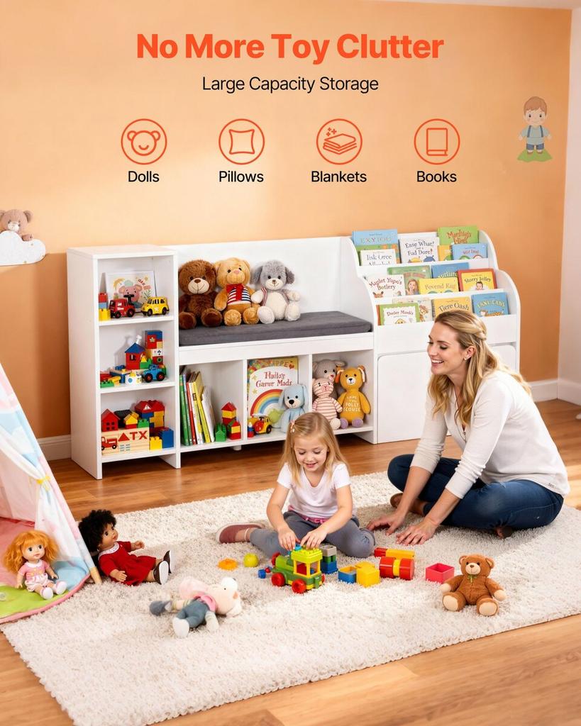 Kids Reading Nook, Wooden Storage Bench with Backrest, Kids Bookshelf & Toy Organizer, Large Toy Box Chest for Playroom, Living Room or Entryway, Easy