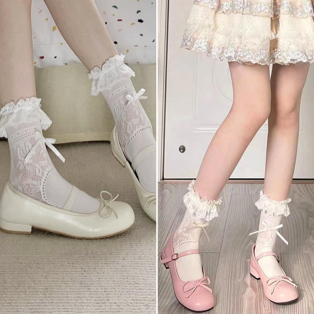 Summer Thin Lace Mid Tube Socks Sweet Bow Hollowed Ballet Calf Socks Lolita White
