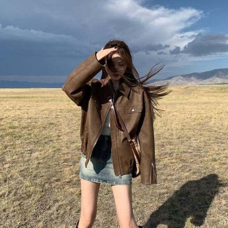 Retro coffee pu leather jacket women's autumn new short jacket top casual motorcycle jacket