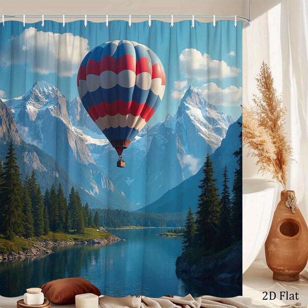 Hot Air Balloon Shower Curtain Mountain Lake Landscape Print Polyester Bath Curtain With Hooks For Nature Adventure Decor