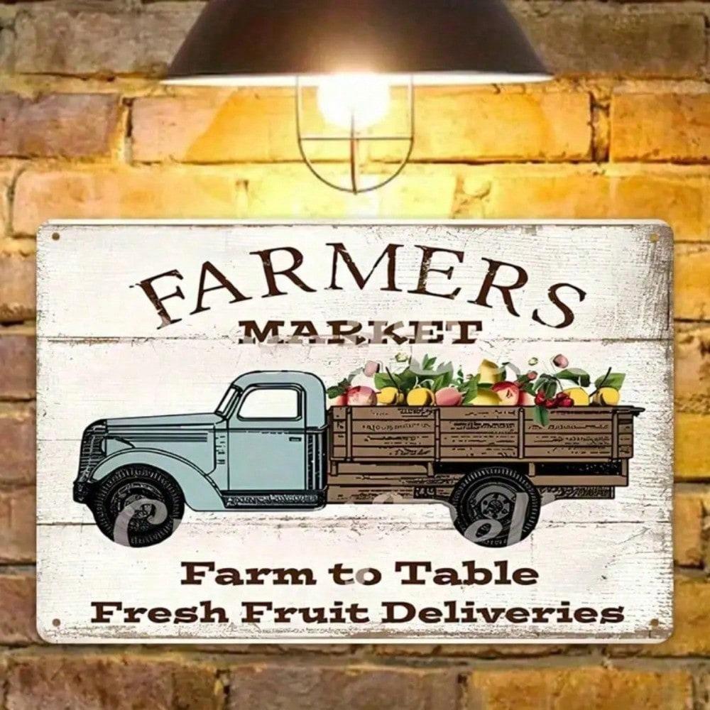 Farmhouse Farmers Market Tin Sign Farm To Table Kitchen Wall Decor Rustic Metal Art Gift Dining Room Home 1P