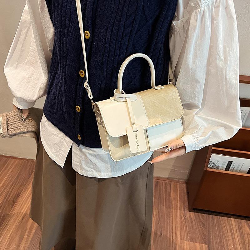 Winter new niche design contrasting color splicing portable small square bag fashionable simple retro shoulder bag