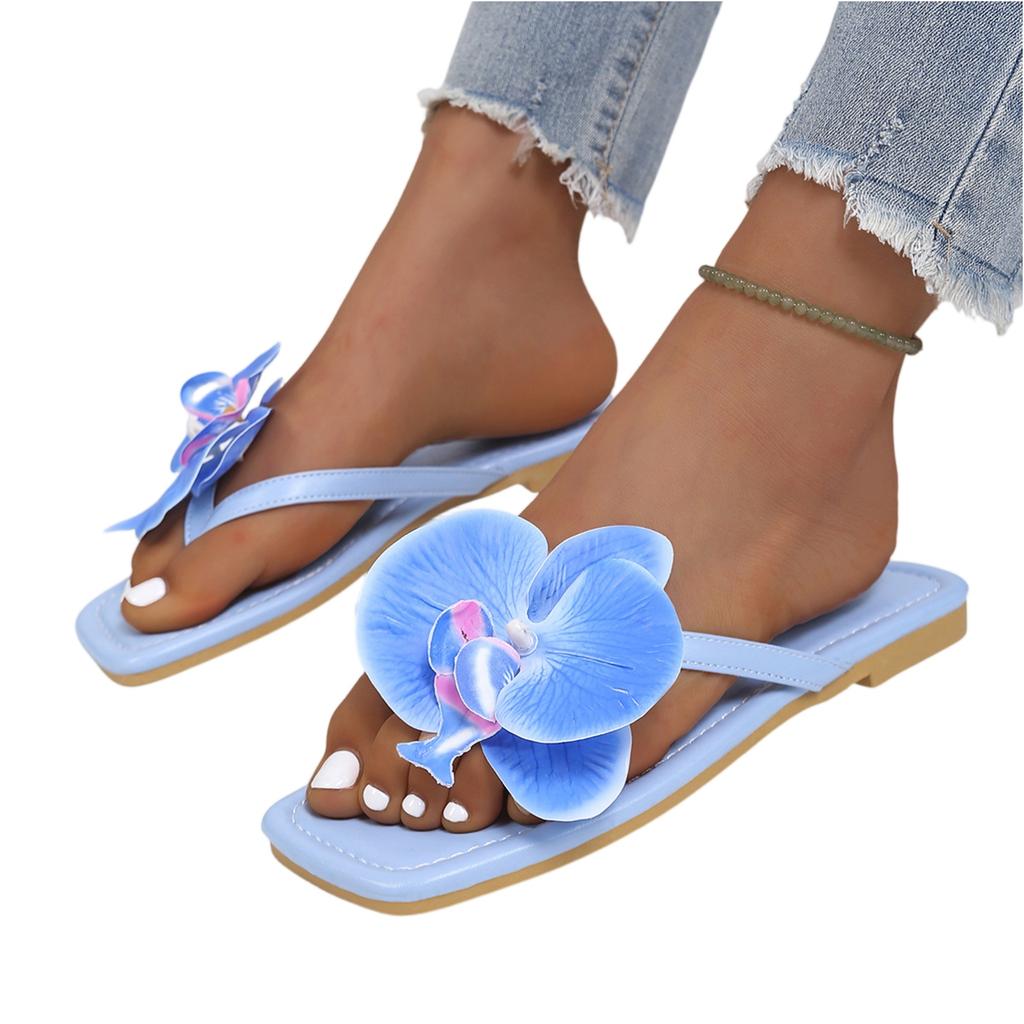 Sommer Damen Flip-Flop Sandalen Orchideenblüte Strandurlaub Flach Bequem Quadratische Zehenpartie Lässig zum Hineinschlüpfen Flache Sandalen
