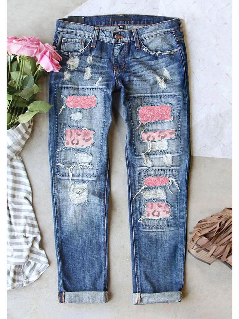 

Spring 2025 Women s Ripped Jeans with Printed Appliqué - Casual Versatile Long Pants M джинсовий синього кольору