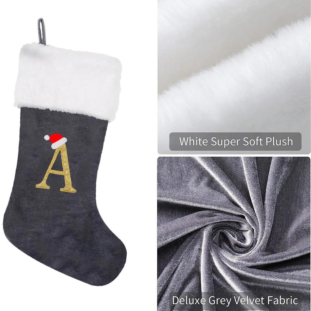 2026 Christmas Decorations: Grey Velvet Embroidery Letter Stocking Gift Bag