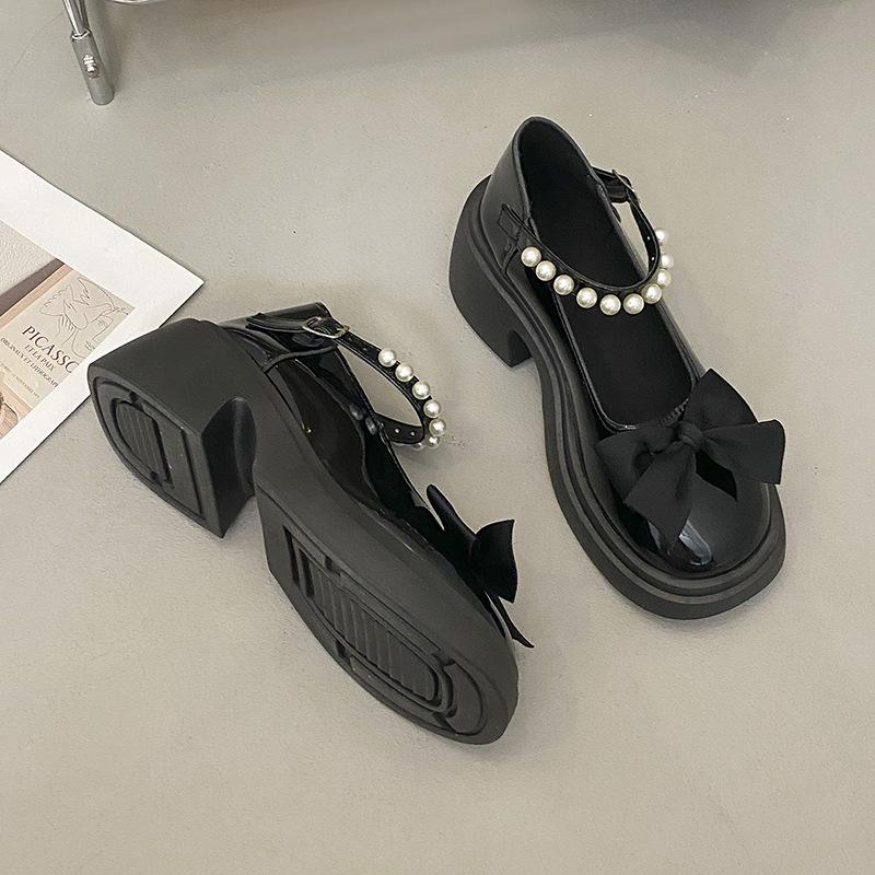 Mary Jane Shoes Women's Spring 2025 New Fashion High Heel Bow Platform Heel Pearl with Skirt Small Leather Shoes