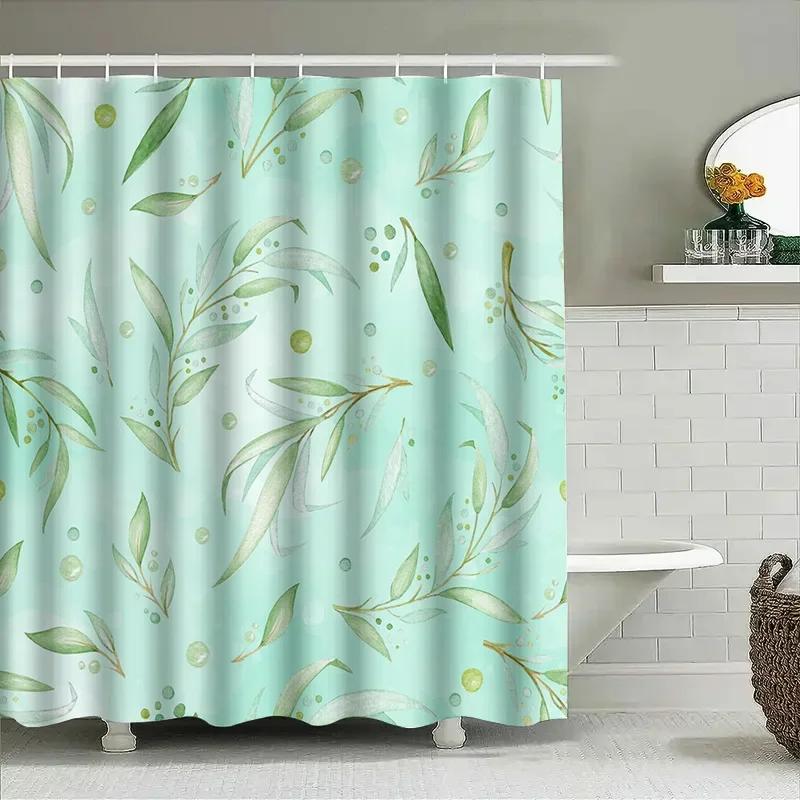 Aquarell Blatt Duschvorhanggrünes Blumendekor Für Badezimmer Wasserdichtes Gewebe Schrumpffreies Futter Minzgrüne Farbe