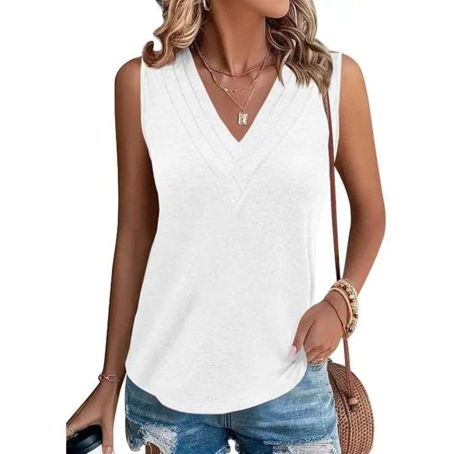 Women s V Neck Sleeveless Tank Tops Loose Fit Solid Casual Blouses Summer Tunic Tops S