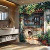 Rustic Kitchen Garden Shower Curtain - Stone Wall, Climbing Plants,Red Orange Blooms,Cobblestone Path,European Village Aesthet