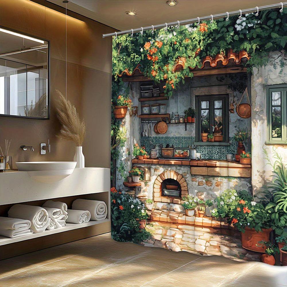 Rustic Kitchen Garden Shower Curtain - Stone Wall, Climbing Plants,Red Orange Blooms,Cobblestone Path,European Village Aesthet