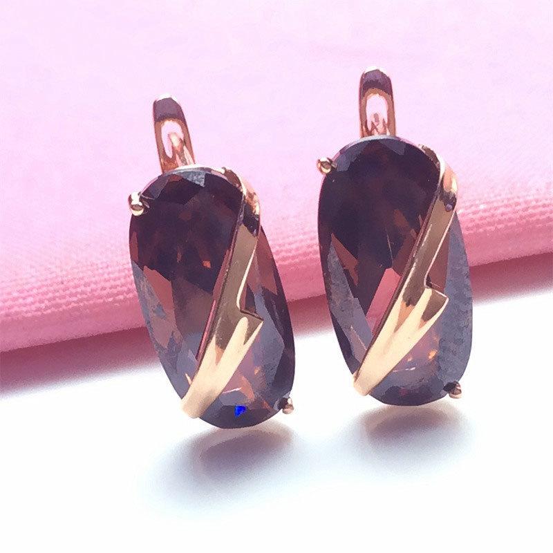 Purple Gold Diamond Coffee Oval Earrings Femininity Rose Gold Plated Color Gold Earrings