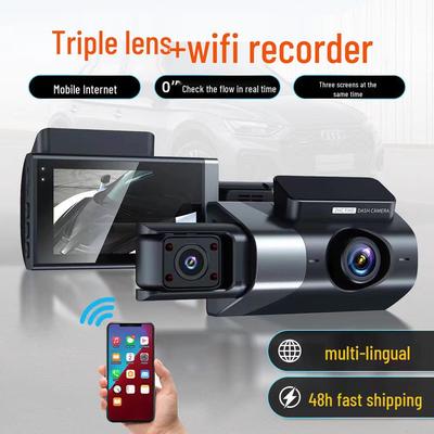 Three-lens UHD Night Vision Dash Cam with Front, Interior, Rear, and Reversing Views; Features Wi-Fi and a 3-inch Screen.