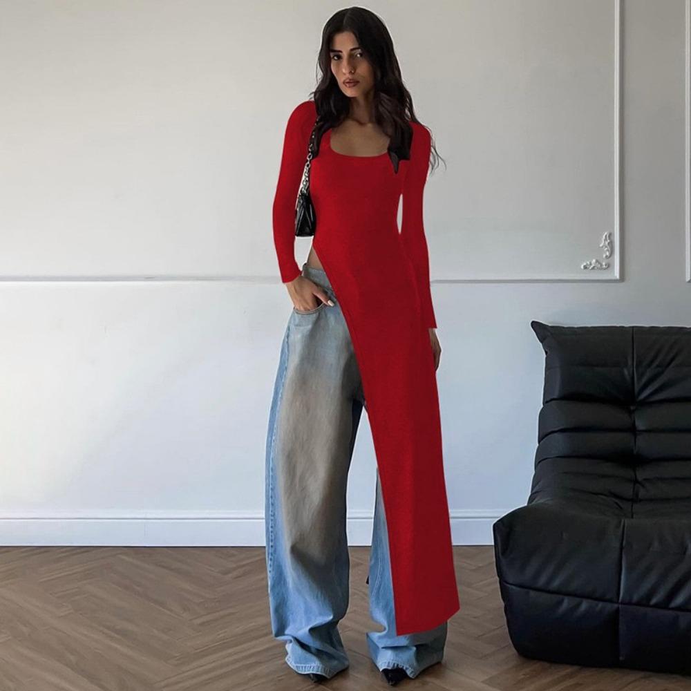 

Женская одежда Длинный рукав Высокий разрез Черная футболка Платье Y2K Уличная одежда Осень Женские платья с высокой талией Тонкие нестандартные длинные платья M красный