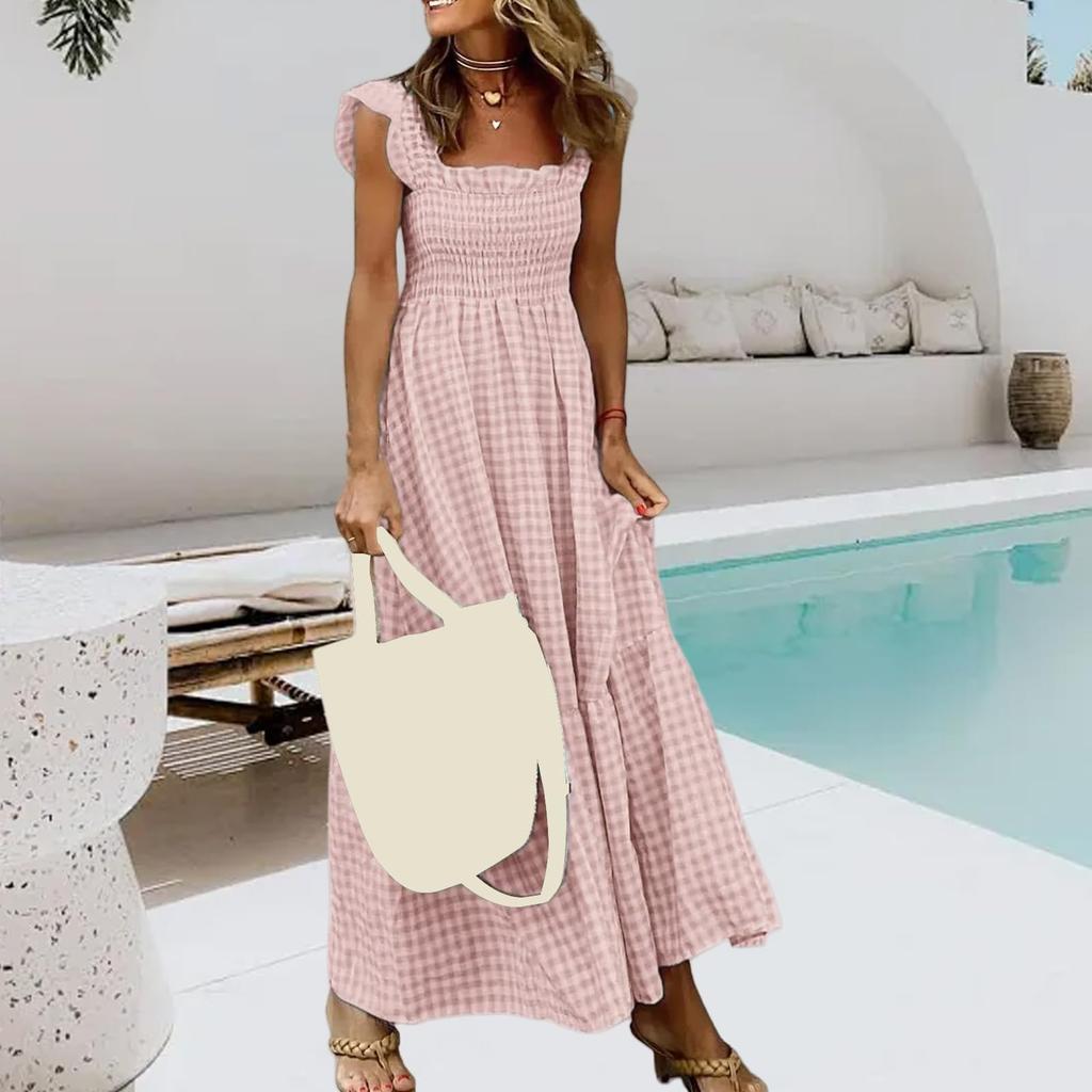 Women’s Gingham Print Smocked Waist Maxi Dress Sleeveless Ruffle Shoulder Square Neck Casual Long Dress