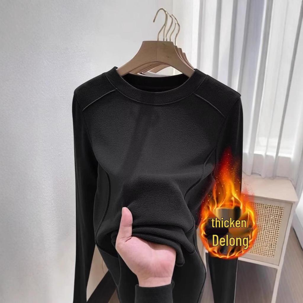 Women's Velvet Base Layer Slimming Top - Warm Half High Neck, Long Sleeve T-Shirt for Autumn/Winter.