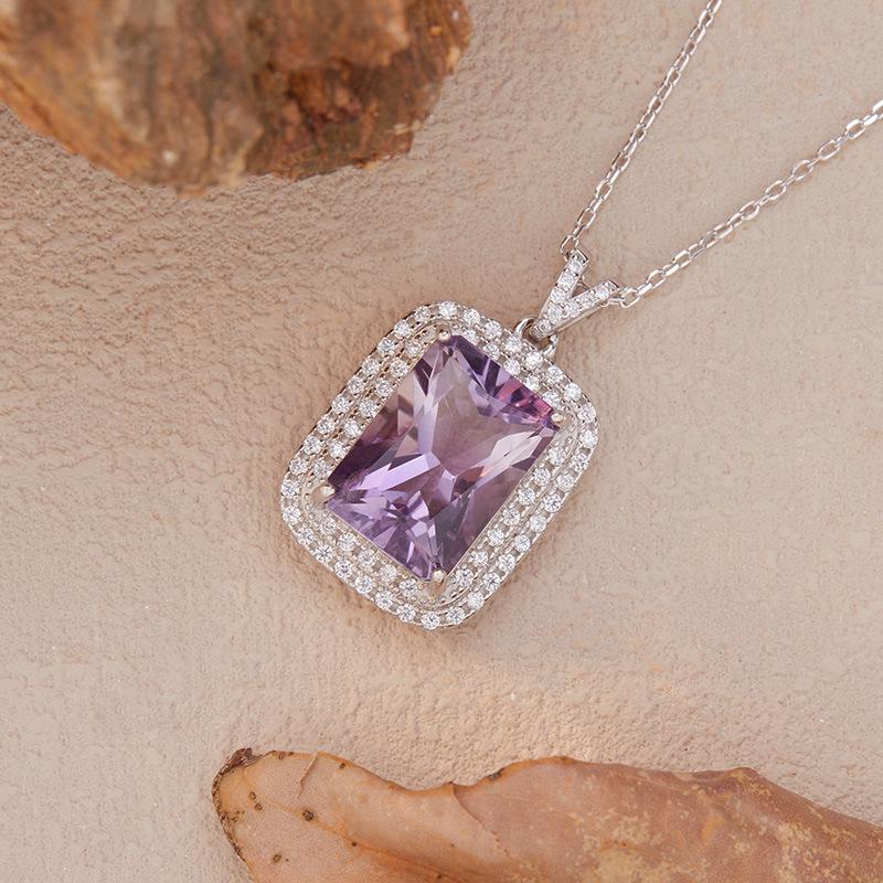 Large Natural Amethyst Pendant Necklace Female Princess Square Cut S925 Silver Colored Jewelry.