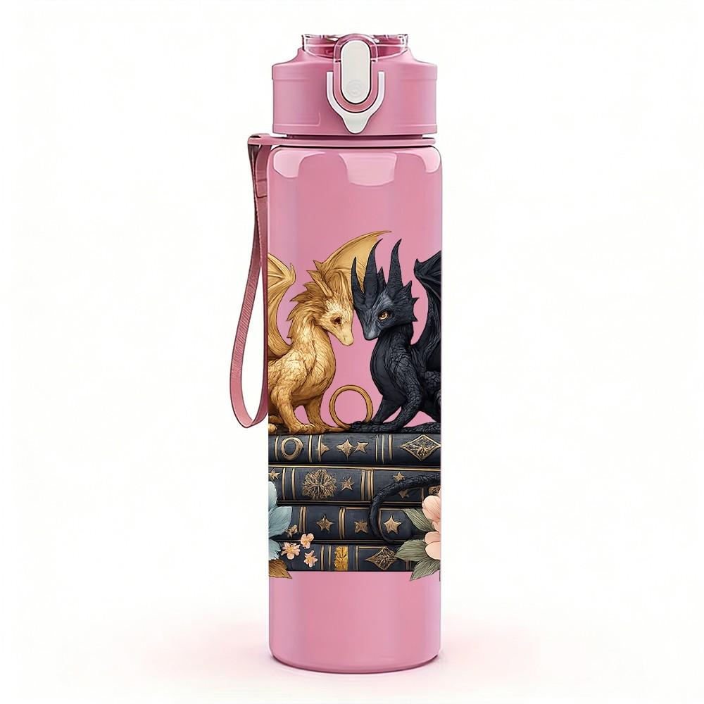 1PC Twin Dragons Book Floral Art 750ml Color Plastic Sports Water Bottle Leakproof Flip Straw Lid Suitable for Sports Office Home Use