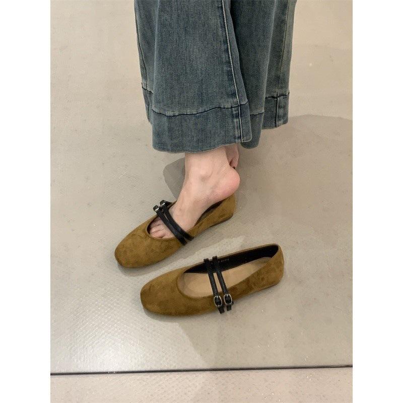 French ballet style one-word buckle single shoes women's shoes 2025 spring and autumn round head Mary Jane shoes suede versatile flats